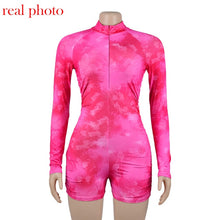 Load image into Gallery viewer, Simenual Tie Dye Ruched Casual Biker Shorts Rompers Women Long Sleeve Workout Active Wear Skinny Playsuit Fashion Bodycon 2020
