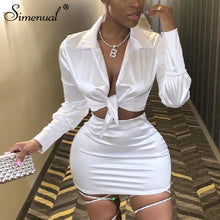 Load image into Gallery viewer, Simenual Sexy Fashion Satin Matching Sets Women V Neck Party Hot Silk 2 Piece Outfits Long Sleeve Bandage Crop Top And Skirt Set
