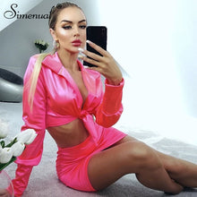 Load image into Gallery viewer, Simenual Sexy Fashion Satin Matching Sets Women V Neck Party Hot Silk 2 Piece Outfits Long Sleeve Bandage Crop Top And Skirt Set
