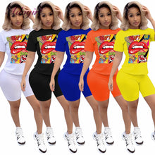 Load image into Gallery viewer, Women Sport Tracksuit Two Piece Set Summer Letter Print Short Sleeve Crop Top TShirt Pants Suit Jogging Outfit Club Matching Set
