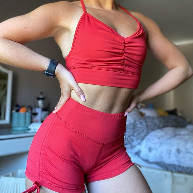 NewAsia Neon Summer 2 Piece Set Women Ruched Halter Tank Top And Drawstring Biker Shorts Elastic Activewear Matching Sets Outfit