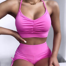 Load image into Gallery viewer, NewAsia Neon Summer 2 Piece Set Women Ruched Halter Tank Top And Drawstring Biker Shorts Elastic Activewear Matching Sets Outfit
