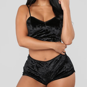 Hot Women 2 piece set Velvet Sleepwear Sexy Spaghetti Strap Shorts Pajamas Suit Ladies Casual Sleepwear Female Pajama Party Set