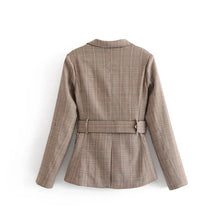 Load image into Gallery viewer, New Fashion Single Breasted Sashes Women Plaid Blazers Notched Vintage Cotton Linen Long Sleeve High Waist Loose Blazer Coats
