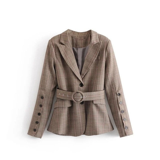 New Fashion Single Breasted Sashes Women Plaid Blazers Notched Vintage Cotton Linen Long Sleeve High Waist Loose Blazer Coats