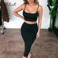 Load image into Gallery viewer, FSDA Sexy Outfit Club Summer Women Set Spaghetti Strap Crop Top Black And Midi Bodycon Skirt Long Party Backless Two Piece Set
