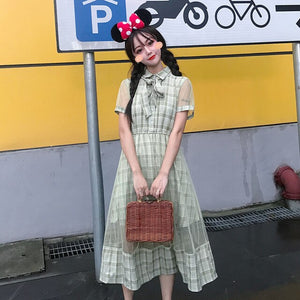 OCEANLOVE Dress Women Plaid High Waist Bow Kawaii Sweet Long Dresses 2020 Elegant Mesh Patchwork Summer Vestidos Fashion 16100