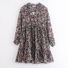 Load image into Gallery viewer, 2020 Spring Women V Neck Flower Print Casual Mini Dress Ladies Drawstring Chiffon Vestidos Chic Pleated Ruffles Dresses
