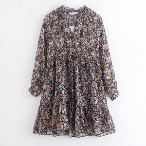 2020 Spring Women V Neck Flower Print Casual Mini Dress Ladies Drawstring Chiffon Vestidos Chic Pleated Ruffles Dresses
