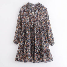 Load image into Gallery viewer, 2020 Spring Women V Neck Flower Print Casual Mini Dress Ladies Drawstring Chiffon Vestidos Chic Pleated Ruffles Dresses
