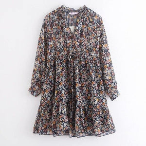 2020 Spring Women V Neck Flower Print Casual Mini Dress Ladies Drawstring Chiffon Vestidos Chic Pleated Ruffles Dresses