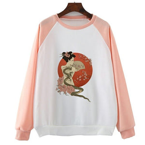 Traditional Geisha Dragon Feminist Women Hoody Casual Long Sleeve O-Neck Printed Red Pink Hoody Brand Coat