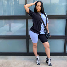Load image into Gallery viewer, Plus Size 2 Piece Short Set Women Summer Clothes Patchwork Top Biker Shorts Set Women Two Piece Outfits for Women Set Tracksuit

