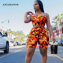 Load image into Gallery viewer, ANJAMANOR Camouflage Print Casual Two Piece Set Crop Top and Pants Summer Short Tracksuit Women Sexy Bodycon Romper D74-AA21
