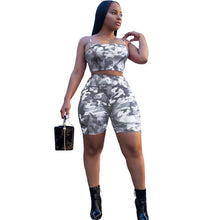 Load image into Gallery viewer, ANJAMANOR Camouflage Print Casual Two Piece Set Crop Top and Pants Summer Short Tracksuit Women Sexy Bodycon Romper D74-AA21
