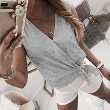 Load image into Gallery viewer, Polka Dot V-neck Women&#39;s Blouse Summer Sleeveless Lace Up Blouses Female Plus Size 2020 New Shiny Casual Fashion Womens Tops
