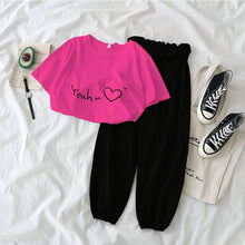 Load image into Gallery viewer, New Letter Printed 2 piece outfits women casual trousers suit Black pink female Two piece set Korean Tshirt and pants clothes
