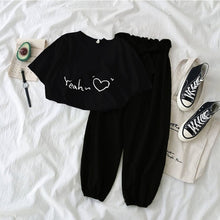 Load image into Gallery viewer, New Letter Printed 2 piece outfits women casual trousers suit Black pink female Two piece set Korean Tshirt and pants clothes
