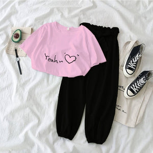 New Letter Printed 2 piece outfits women casual trousers suit Black pink female Two piece set Korean Tshirt and pants clothes