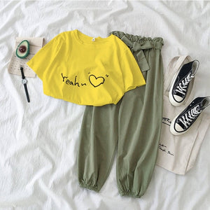 New Letter Printed 2 piece outfits women casual trousers suit Black pink female Two piece set Korean Tshirt and pants clothes