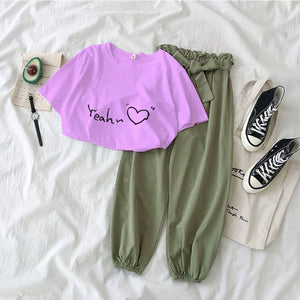 New Letter Printed 2 piece outfits women casual trousers suit Black pink female Two piece set Korean Tshirt and pants clothes