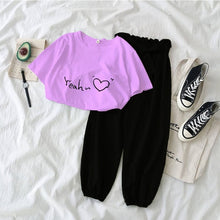 Load image into Gallery viewer, New Letter Printed 2 piece outfits women casual trousers suit Black pink female Two piece set Korean Tshirt and pants clothes
