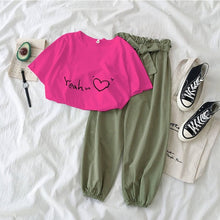 Load image into Gallery viewer, New Letter Printed 2 piece outfits women casual trousers suit Black pink female Two piece set Korean Tshirt and pants clothes
