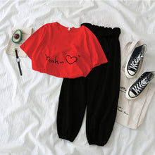 Load image into Gallery viewer, New Letter Printed 2 piece outfits women casual trousers suit Black pink female Two piece set Korean Tshirt and pants clothes
