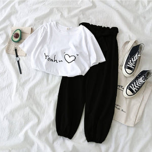 New Letter Printed 2 piece outfits women casual trousers suit Black pink female Two piece set Korean Tshirt and pants clothes