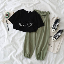 Load image into Gallery viewer, New Letter Printed 2 piece outfits women casual trousers suit Black pink female Two piece set Korean Tshirt and pants clothes

