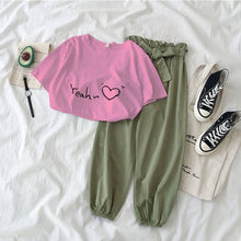 Load image into Gallery viewer, New Letter Printed 2 piece outfits women casual trousers suit Black pink female Two piece set Korean Tshirt and pants clothes
