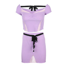 Load image into Gallery viewer, ALLNeon Sweet Ribbed Purple Matching Sets E-girl Square Collar Lace up Lantern Sleeve Crop Top and Mini Skirts 2 Pieces Sets New
