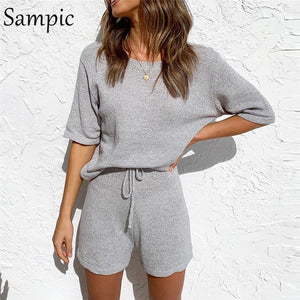 Sampic Summer Beach Casual O Neck Khaki Short Sleeve Two Piece Set Crop Top And Shorts Drawstring 2 Piece Women Set Outfits