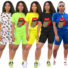 Load image into Gallery viewer, 2020 New Women Print Two Pieces Biker Shorts Sets T-Shirt + Biker Shorts Outfits 2 Piece Set Fitness Women Summer Tracksuits
