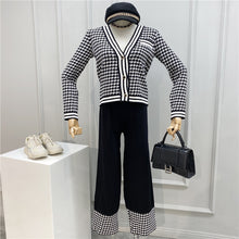 Load image into Gallery viewer, 2020 Spring Fall New Temperament V-neck Houndstooth Knitted Cardigan and pants 2 piece set Women Fashion Wide leg Pants Suit
