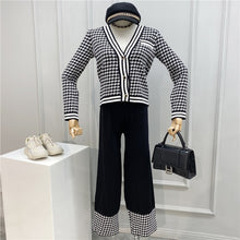 Load image into Gallery viewer, 2020 Spring Fall New Temperament V-neck Houndstooth Knitted Cardigan and pants 2 piece set Women Fashion Wide leg Pants Suit
