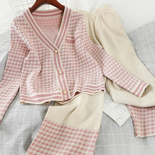 Load image into Gallery viewer, 2020 Spring Fall New Temperament V-neck Houndstooth Knitted Cardigan and pants 2 piece set Women Fashion Wide leg Pants Suit
