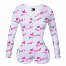 Load image into Gallery viewer, Sexy Women Bodysuit Sleepwear Long Sleeve Deep V Neck Bodycon Stretch Leotard Tops Print Button Romper Pajama Women Jumpsuit
