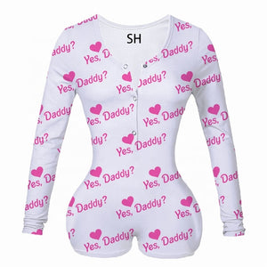 Sexy Women Bodysuit Sleepwear Long Sleeve Deep V Neck Bodycon Stretch Leotard Tops Print Button Romper Pajama Women Jumpsuit