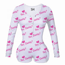 Load image into Gallery viewer, Sexy Women Bodysuit Sleepwear Long Sleeve Deep V Neck Bodycon Stretch Leotard Tops Print Button Romper Pajama Women Jumpsuit
