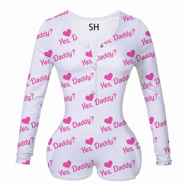 Sexy Women Bodysuit Sleepwear Long Sleeve Deep V Neck Bodycon Stretch Leotard Tops Print Button Romper Pajama Women Jumpsuit