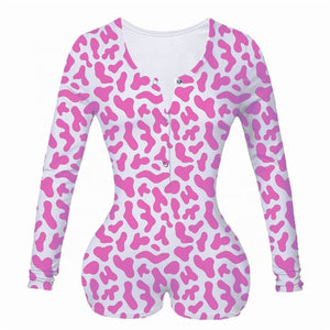 Sexy Women Bodysuit Sleepwear Long Sleeve Deep V Neck Bodycon Stretch Leotard Tops Print Button Romper Pajama Women Jumpsuit