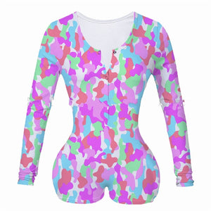 Sexy Women Bodysuit Sleepwear Long Sleeve Deep V Neck Bodycon Stretch Leotard Tops Print Button Romper Pajama Women Jumpsuit