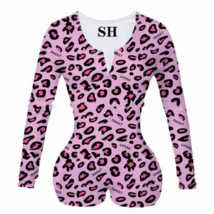 Sexy Women Bodysuit Sleepwear Long Sleeve Deep V Neck Bodycon Stretch Leotard Tops Print Button Romper Pajama Women Jumpsuit