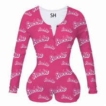 Load image into Gallery viewer, Sexy Women Bodysuit Sleepwear Long Sleeve Deep V Neck Bodycon Stretch Leotard Tops Print Button Romper Pajama Women Jumpsuit
