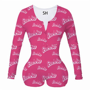 Sexy Women Bodysuit Sleepwear Long Sleeve Deep V Neck Bodycon Stretch Leotard Tops Print Button Romper Pajama Women Jumpsuit