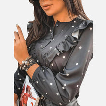 Load image into Gallery viewer, 2020 Blusa con dibujo de lunares y volantes, blusas de manga larga con botones y cuello redondo para mujer, camisa informal de primavera y verano para mujer, ropa para mujer
