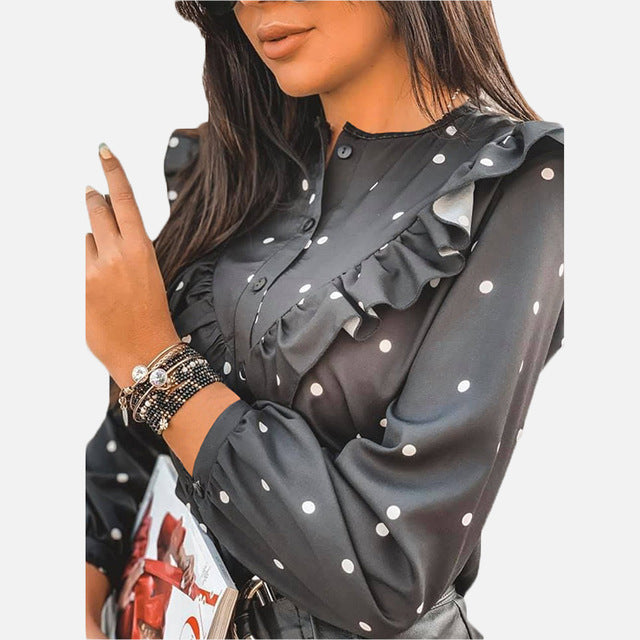 2020 Blusa con dibujo de lunares y volantes, blusas de manga larga con botones y cuello redondo para mujer, camisa informal de primavera y verano para mujer, ropa para mujer