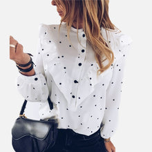 Load image into Gallery viewer, 2020 Blusa con dibujo de lunares y volantes, blusas de manga larga con botones y cuello redondo para mujer, camisa informal de primavera y verano para mujer, ropa para mujer
