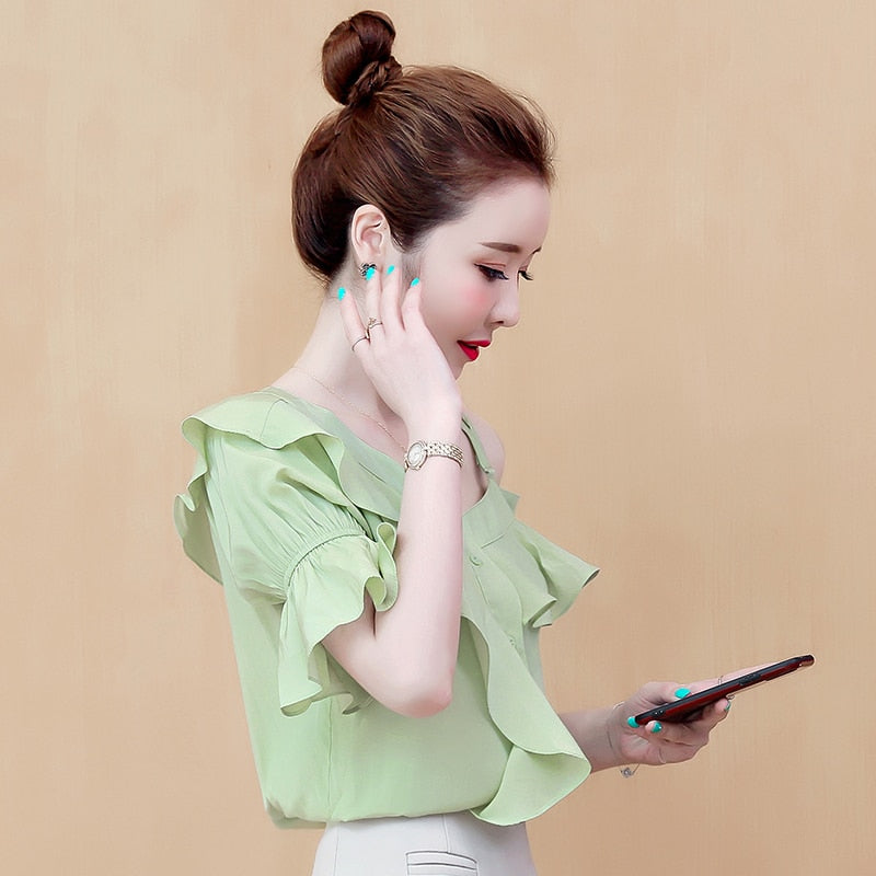 COIGARSAM Ruffles blouse women New Summer Short Sleeve Chiffon blusas womens tops and blouses White Green Blue 6019